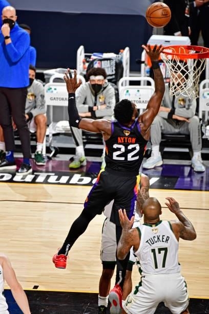 Deandre Ayton of the Phoenix Suns shoots the ball against the Milwaukee Bucks on July 17, 2021 during Game Five of the NBA Finals at Footprint Center...