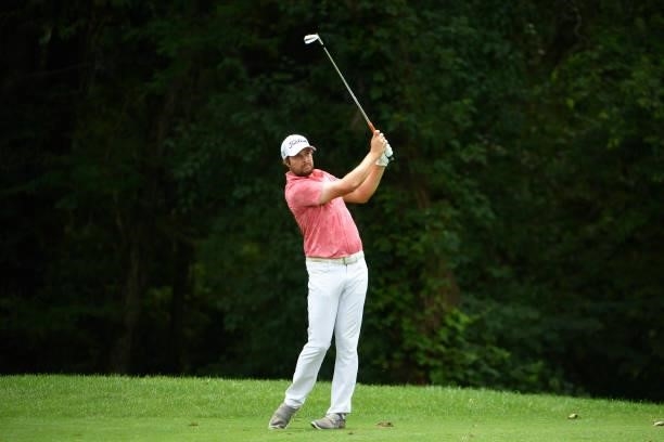 Peter Uihlein hits a shot at the eighth hole during the third round of the Memorial Health Championship presented by LRS at Panther Creek Country...