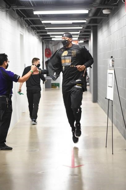 Torrey Craig of the Phoenix Suns runs on to the court before the game against the Milwaukee Bucks during Game Five of the 2021 NBA Finals on July 17,...