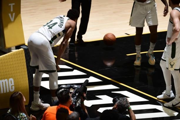 July 17: Giannis Antetokounmpo of the Milwaukee Bucks looks on against the Phoenix Suns during Game Five of the 2021 NBA Finals on July 17, 2021 at...