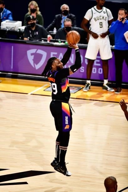 Jae Crowder of the Phoenix Suns shoots a three point basket against the Milwaukee Bucks on July 17, 2021 during Game Five of the NBA Finals at...