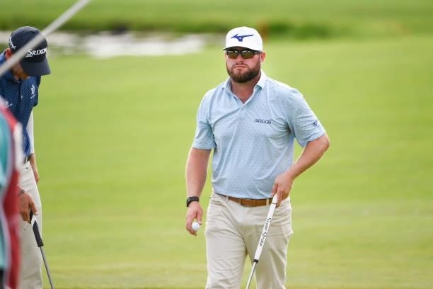 Erik Barnes at the 18th green during the third round of the Memorial Health Championship presented by LRS at Panther Creek Country Club on July 17,...