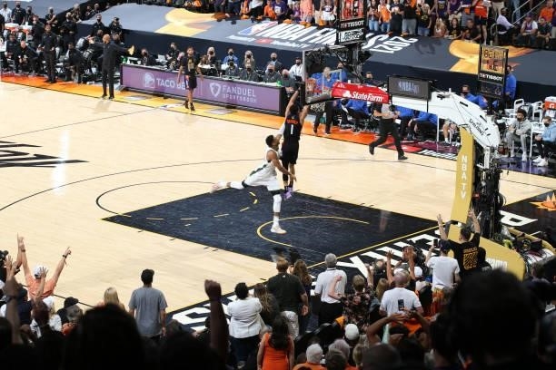 July 17: Devin Booker of the Phoenix Suns dunks the ball against the Milwaukee Bucks during Game Five of the 2021 NBA Finals on July 17, 2021 at...