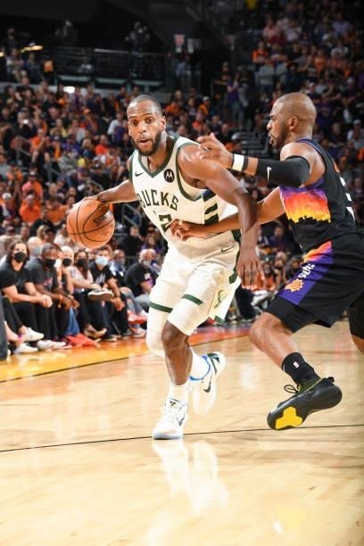 Khris Middleton of the Milwaukee Bucks handles the ball during the game against the Phoenix Suns during Game Five of the 2021 NBA Finals on July 17,...