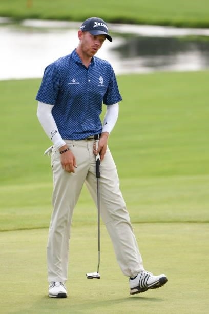 Jared Wolfe reacts to narrowly missing his putt at the 18th green during the third round of the Memorial Health Championship presented by LRS at...