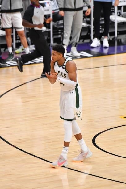Giannis Antetokounmpo of the Milwaukee Bucks reacts during Game Five of the 2021 NBA Finals on July 17, 2021 at Footprint Center in Phoenix, Arizona....