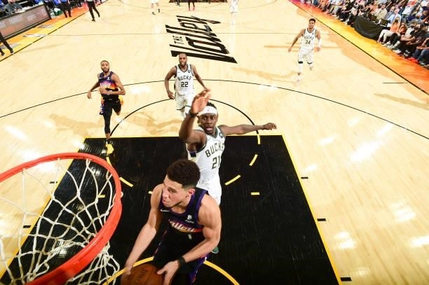 Devin Booker of the Phoenix Suns drives to the basket during the game against the Milwaukee Bucks during Game Five of the 2021 NBA Finals on July 17,...