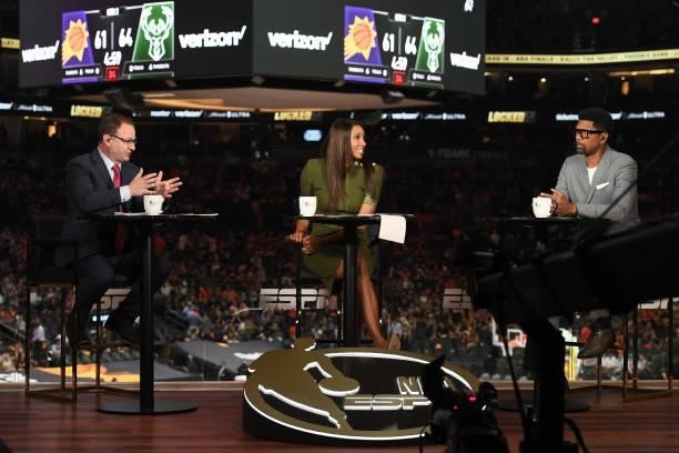 July 17: ESPN Analysts, Adrian Wojnarowski, Maria Taylor, and Jalen Rose discuss the game during halftime of Game Five of the 2021 NBA Finals on July...