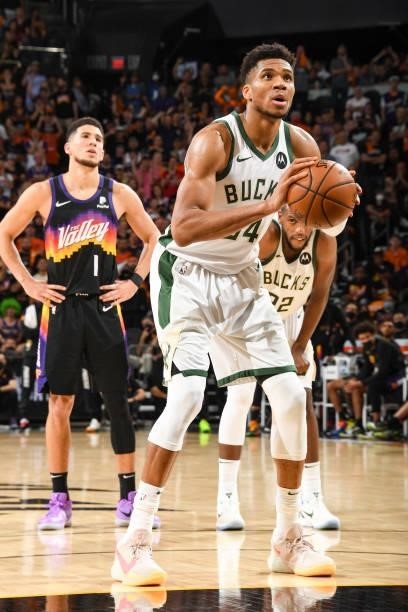 Giannis Antetokounmpo of the Milwaukee Bucks shoots a free throw during the game against the Phoenix Suns during Game Five of the 2021 NBA Finals on...