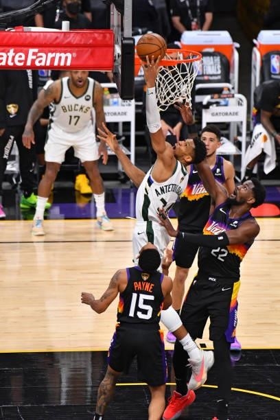 Giannis Antetokounmpo of the Milwaukee Bucks shots the ball against the Phoenix Suns during Game Five of the 2021 NBA Finals on July 17, 2021 at...