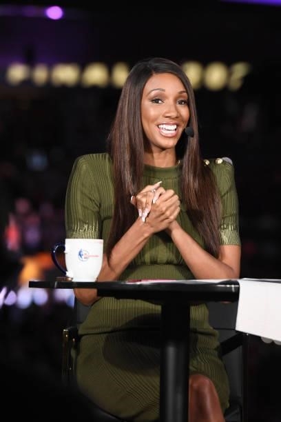 July 17: ESPN Analyst, Maria Taylor looks on and smiles during Half time of Game Five of the 2021 NBA Finals on July 17, 2021 at Footprint Center in...
