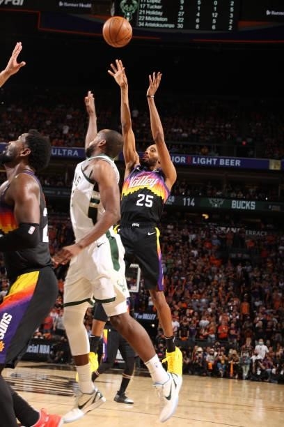 July 17: Mikal Bridges of the Phoenix Suns shoots the ball against the Milwaukee Bucks during Game Five of the 2021 NBA Finals on July 17, 2021 at...