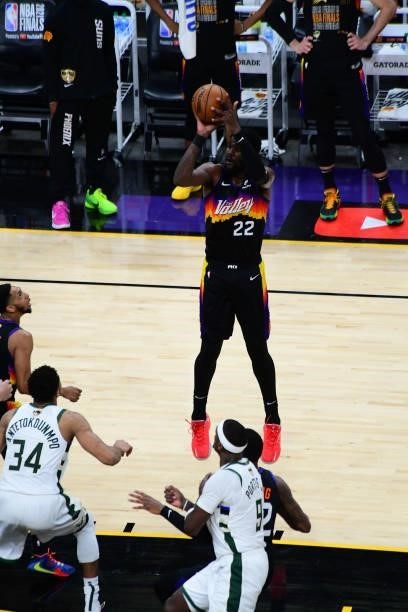 July 17: Deandre Ayton of the Phoenix Suns shoots the ball against the Milwaukee Bucks during Game Five of the 2021 NBA Finals on July 17, 2021 at...