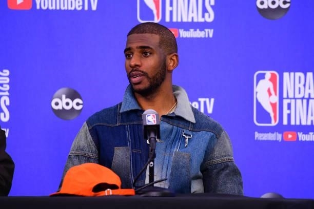 July 17: Chris Paul of the Phoenix Suns talks to the media after Game Five of the 2021 NBA Finals on July 17, 2021 at Footprint Center in Phoenix,...
