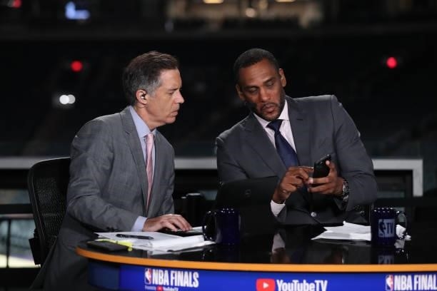 July 17: NBA TV Analysts Matt Winer and Steve Smith talk after the Milwaukee Bucks game against the Phoenix Suns during Game Five of the 2021 NBA...