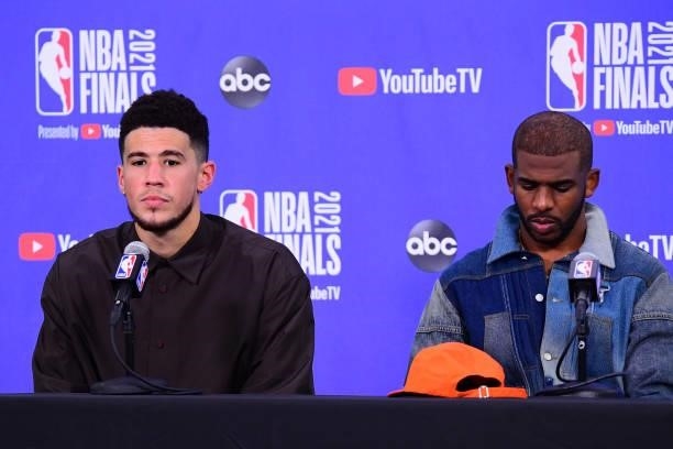 July 17: Devin Booker and Chris Paul of the Phoenix Suns talk to the media after Game Five of the 2021 NBA Finals on July 17, 2021 at Footprint...