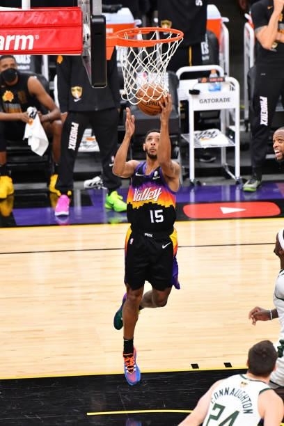 Cameron Payne of the Phoenix Suns shoots the ball against the Milwaukee Bucks during Game Five of the 2021 NBA Finals on July 17, 2021 at Footprint...