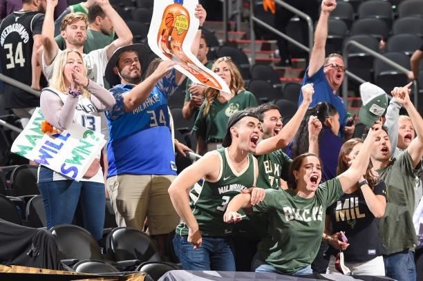 Milwaukee Bucks fans cheer after the game against the Phoenix Suns during Game Five of the 2021 NBA Finals on July 17, 2021 at Footprint Center in...