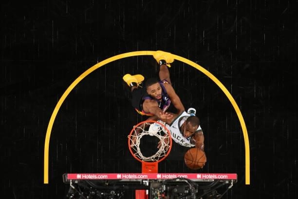 July 17: Khris Middleton of the Milwaukee Bucks shoots the ball against the Phoenix Suns during Game Five of the 2021 NBA Finals on July 17, 2021 at...
