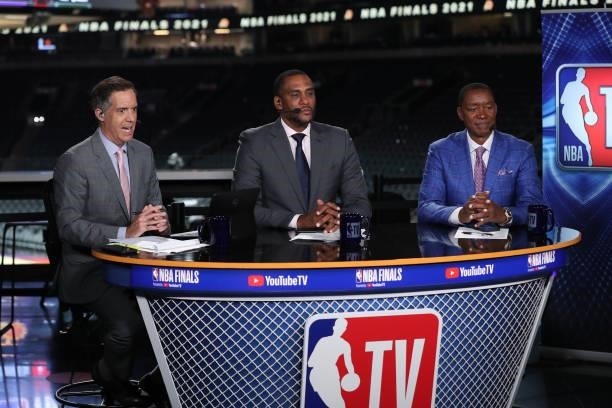 July 17: NBA TV Analysts Matt Winer, Steve Smith and Isiah Thomas talk on air after the Milwaukee Bucks game against the Phoenix Suns during Game...