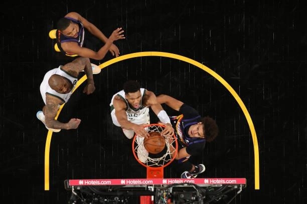 July 17: Giannis Antetokounmpo of the Milwaukee Bucks dunks the ball against the Phoenix Suns during Game Five of the 2021 NBA Finals on July 17,...