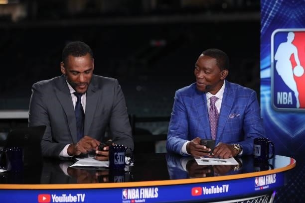 July 17: NBA TV Analysts Steve Smith and Isiah Thomas talk after the Milwaukee Bucks game against the Phoenix Suns during Game Five of the 2021 NBA...