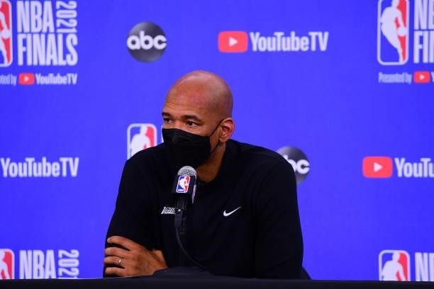 July 17: Head Coach Monty Williams of the Phoenix Suns talks to the media after Game Five of the 2021 NBA Finals on July 17, 2021 at Footprint Center...