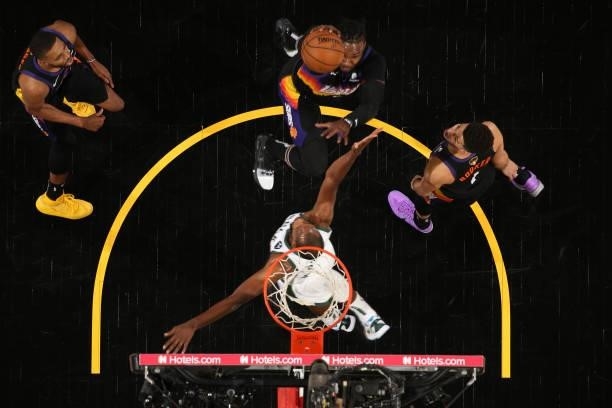July 17: Jae Crowder of the Phoenix Suns drives to the basket against the Milwaukee Bucks during Game Five of the 2021 NBA Finals on July 17, 2021 at...