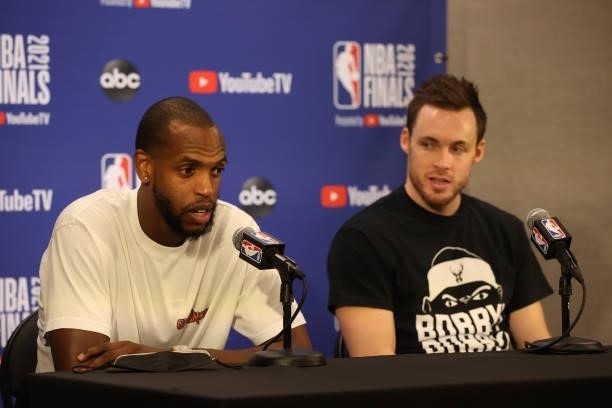July 17: Khris Middleton of the Milwaukee Bucks and Pat Connaughton of the Milwaukee Bucks talk to the media after the game against the Phoenix Suns...