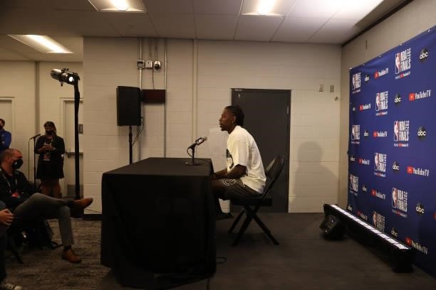 July 17: Jrue Holiday of the Milwaukee Bucks talks to the media after the game against the Phoenix Suns during Game Five of the 2021 NBA Finals on...
