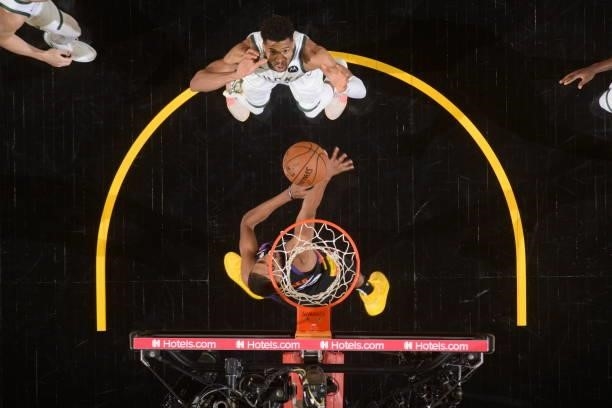 Giannis Antetokounmpo of the Milwaukee Bucks shoots the ball against the Phoenix Suns on July 17, 2021 during Game Five of the NBA Finals at...