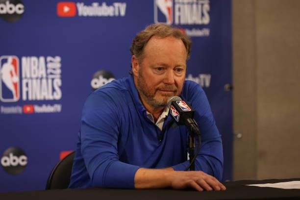 July 17: Head Coach Mike Budenholzer of the Milwaukee Bucks talks to the media after the game /PS? during Game Five of the 2021 NBA Finals on July...
