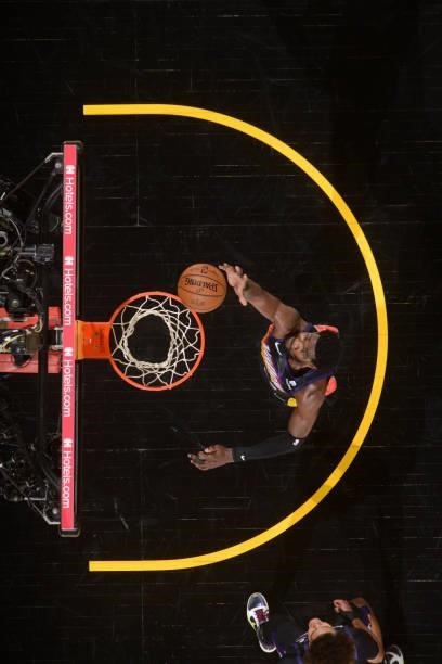 Deandre Ayton of the Phoenix Suns shoots the ball against the Milwaukee Bucks on July 17, 2021 during Game Five of the NBA Finals at Footprint Center...