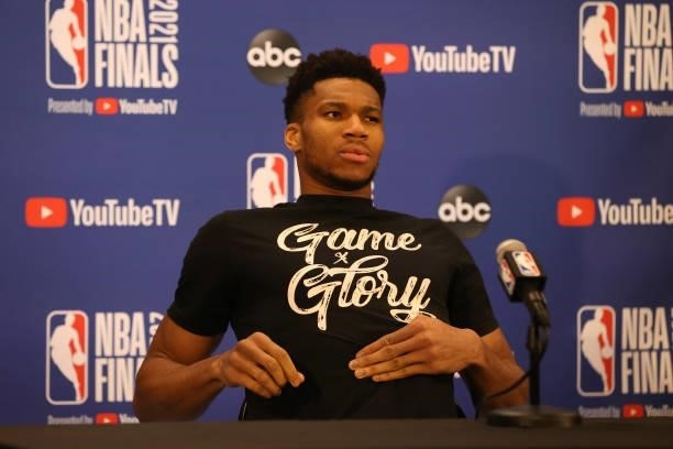 July 17: Giannis Antetokounmpo of the Milwaukee Bucks talks to the media after the game against the Phoenix Suns during Game Five of the 2021 NBA...