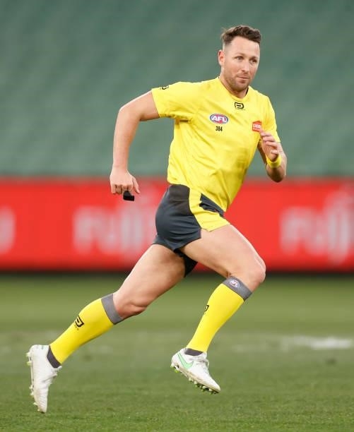 Field Umpire, Brett Rosebury officiating in his 450th match is seen during the 2021 AFL Round 18 match between the Collingwood Magpies and the...