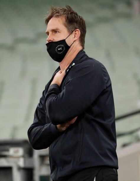 David Teague, Senior Coach of the Blues looks on after the 2021 AFL Round 18 match between the Collingwood Magpies and the Carlton Blues at the...