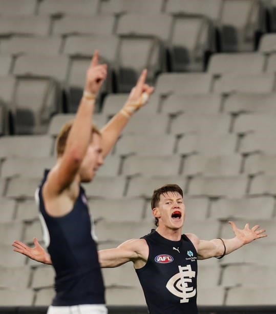 Sam Walsh of the Blues celebrates a goal during the 2021 AFL Round 18 match between the Collingwood Magpies and the Carlton Blues at the Melbourne...