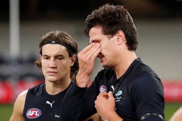 Jack Silvagni of the Blues sheds a tear in memory o f his grandfather Sergio during the 2021 AFL Round 18 match between the Collingwood Magpies and...