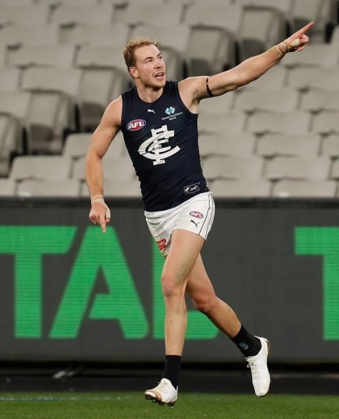 Harry McKay of the Blues celebrates a goal during the 2021 AFL Round 18 match between the Collingwood Magpies and the Carlton Blues at the Melbourne...