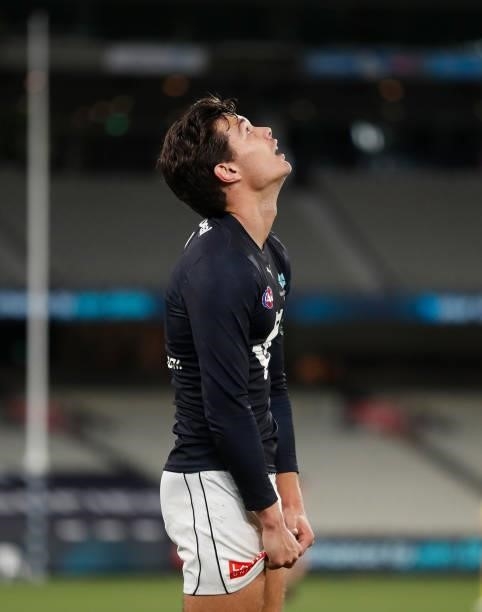 Jack Silvagni of the Blues looks to the heavens in memory of his grandfather Sergio as the final siren sounds during the 2021 AFL Round 18 match...