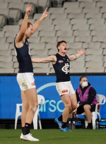 Sam Walsh of the Blues celebrates a goal during the 2021 AFL Round 18 match between the Collingwood Magpies and the Carlton Blues at the Melbourne...