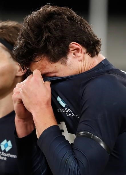 Jack Silvagni of the Blues sheds a tear in memory o f his grandfather Sergio during the 2021 AFL Round 18 match between the Collingwood Magpies and...