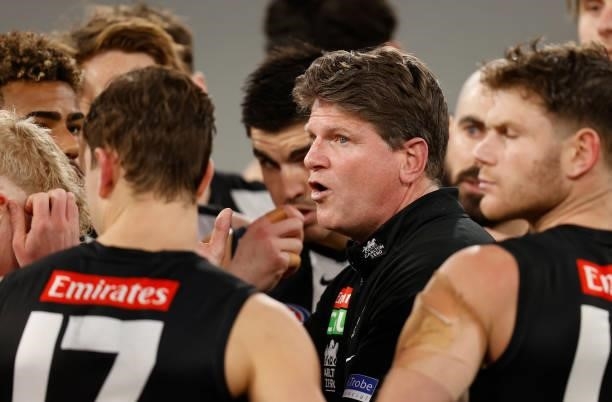 Robert Harvey, Interim Senior Coach of the Magpies during the 2021 AFL Round 18 match between the Collingwood Magpies and the Carlton Blues at the...