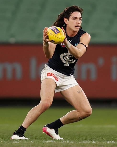 Zac Fisher of the Blues in action during the 2021 AFL Round 18 match between the Collingwood Magpies and the Carlton Blues at the Melbourne Cricket...