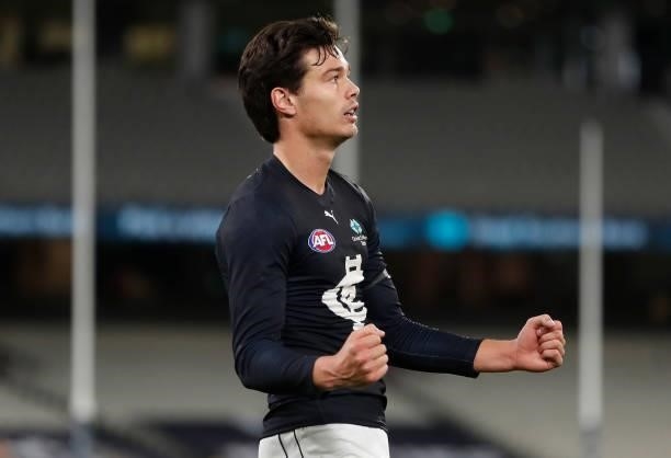 Jack Silvagni of the Blues celebrates as the final siren sounds during the 2021 AFL Round 18 match between the Collingwood Magpies and the Carlton...