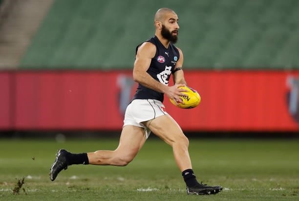 Adam Saad of the Blues in action during the 2021 AFL Round 18 match between the Collingwood Magpies and the Carlton Blues at the Melbourne Cricket...