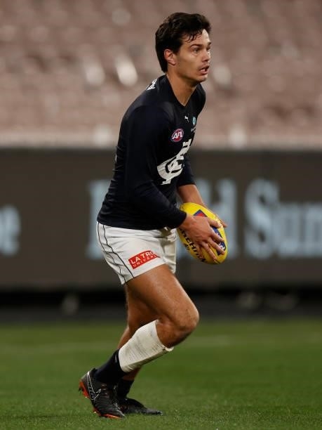 Jack Silvagni of the Blues in action during the 2021 AFL Round 18 match between the Collingwood Magpies and the Carlton Blues at the Melbourne...
