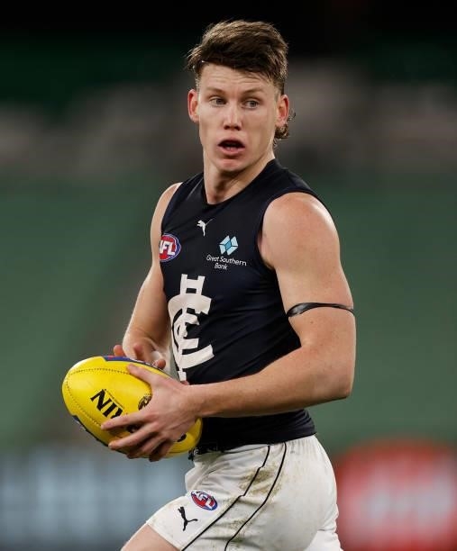 Sam Walsh of the Blues in action during the 2021 AFL Round 18 match between the Collingwood Magpies and the Carlton Blues at the Melbourne Cricket...
