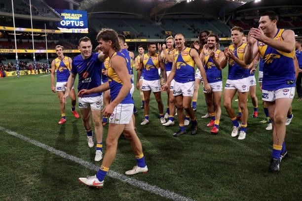 The Eagles celebrate their win during the 2021 AFL Round 18 match between the Adelaide Crows and the West Coast Eagles at Adelaide Oval on July 18,...