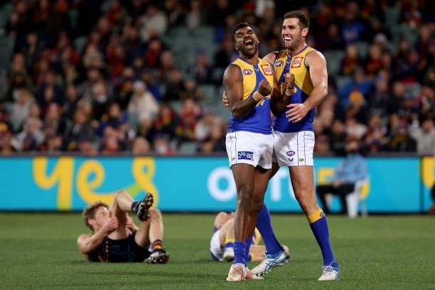 Liam Ryan and Jack Darling of the Eagles celebrate a goal during the 2021 AFL Round 18 match between the Adelaide Crows and the West Coast Eagles at...